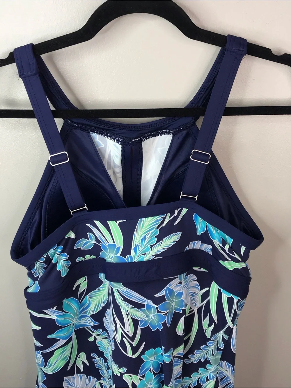 Lands' End Navy Floral Tankini Top with Aqua and Light Blue Prints Sz 8 DD
